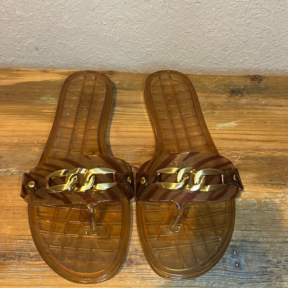 Vince Camuto Clear Leopard and Gold Chain Sandals size 8